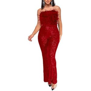 KWISUAWHGA Sexy Jumpsuit met Off-Shoulder Pailletten En Veren voor Dames, Mouwloos Glinsterend Wijd Uitlopende Broek Romper Feestkleding En Clubkleding,Rood,3XL