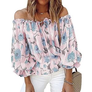 Dames off-shoulder blouse elegante polyester elegante casual bloemenprint ruches winkelblouse L