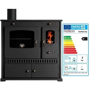 Prometey EEK A+ kachel met bakvak en kookplaat, perfect eco, zwart, rechts, houtkachel, 7 kW, open haard, hout, werkplaatsoven, huttenkachel, kachel tuinoven, L