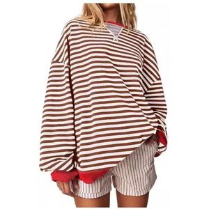 Gestreepte trui Dames Oversized gestreept sweatshirt Kleurblok Sweatshirt met lange mouwen en ronde hals Los truishirt (Color : Red, Size : XXL)