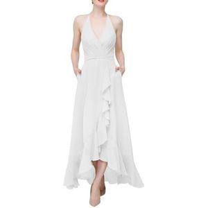 SAMHO Chiffon bruidsmeisje jurk halter hoge lage ruches formele avondjurken met zakken, Wit, 54