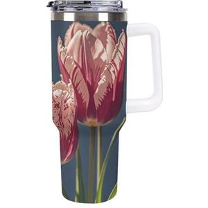 RTFGHJS 40 oz Tumbler Tulp en kant geïsoleerde beker reizen koffiemok met rietje deksel roestvrij staal waterfles vacuüm geïsoleerde beker voor sport werk auto reizen weekends
