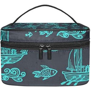 Schip boot patroon vis donkere achtergrond make-up organizer tas, reizen make-up tas organizer case draagbare cosmetische tas voor vrouwen en meisjes toiletartikelen, Meerkleurig, 22.5x15x13.8cm/8.9x5.9x5.4in