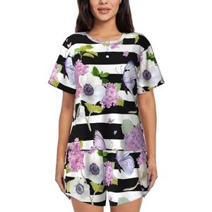YQxwJL Bloem Butterfly1 Print Vrouwen Pyjama Sets Shorts Korte Mouw Lounge Sets Nachtkleding Casual Pjs Met Zakken, Zwart, M