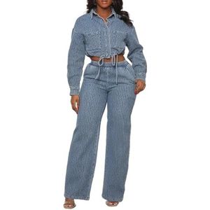 LoprNsdgt 2-Delige Outfits Voor Dames, Knopen, Crop, Jeansjack, Elastische Taille, Lange Broek, Uitgaansoutfits,Blauw,L