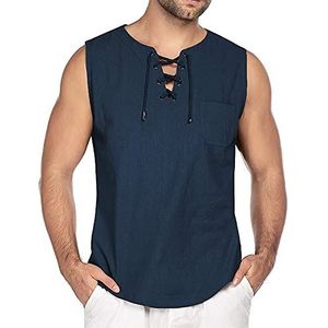 Heren Katoenen Linnen Mouwloos Vest T-shirt Met Veters, Mode T-shirt Met Grote Maten Casual Losse Tanktops, Middeleeuws Kostuum Kraag Kraag V-hals Streetwear