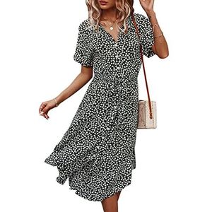 Dames zomer Boheemian v nek button down jurk hoge taille midi casual gesplitste strandjurken met riem (Color : Black, Size : S/Small)