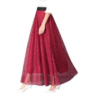 Vrouwen Lente Zomer Elastische Hoge Taille Kant Rokken Rok Elegante A-lijn Lange Maxi Rokken, Rood, XXL