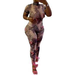 Sexy Bodycon Jumpsuits met Open Rug Voor Vrouwen Doorschijnend Mesh Lange Skinny Broek met Print En Korte Mouwen,Roze,L