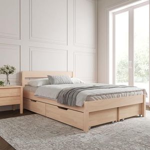 140x200 cm massief houten bed met hoofdeinde - Külli Scandi-stijl bedframe met lattenbodem incl. 3 opbergladen - Natuurlijke kleur - Draagvermogen 350 kg