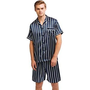 Satijnen pyjamaset met korte mouwen voor heren, Blauw Beige Gestreept, M