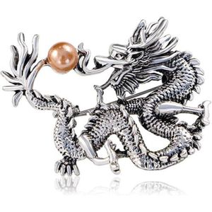 Vintage Chinese Draak Broche Pin Voor Vrouwen Mannen Elegante Parel Metalen Draak Revers Pin Badge Voor Rugzakken Kleding Accessoires, Eén maat