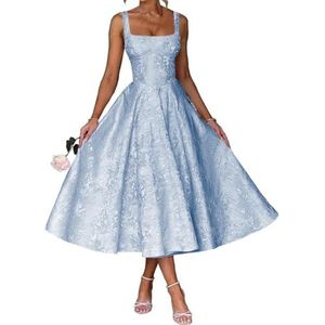 AHERKLL Spaghetti Bandjes Bruidsmeisjes Jurken Bloemen Satijn Jacquard Formele Avond Feest Maxi Jurk Thee Lengte HAH047, Hemelsblauw, 32