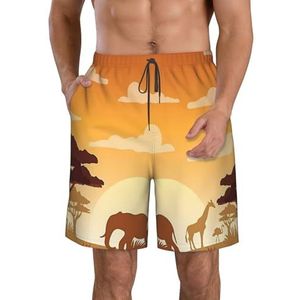 Olifant en giraffe in de zonsondergang print heren strandshorts zomer vakantie strandshorts casual lichtgewicht trekkoord, Wit, XL