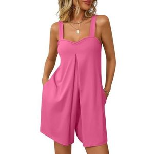 BANGHA Jumpsuits Voor Vrouwen Zomer Casual Vrouwen Groene Romper Verse Zoete Losse Vierkante Hals Jarretel Jumpsuit Shorts Sexy Effen Casual Shorts, Rosé, XL