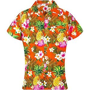 King Kameha Funky Hawaïblouse voor dames, korte mouwen, voorzak, Hawaïprint, ananas, bloemenprint, Ananas Bloemen Oranje, XXL