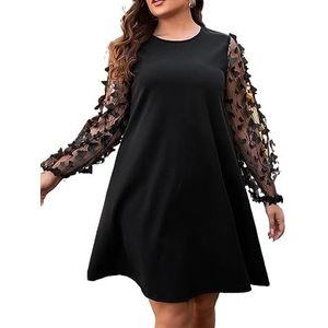 voor vrouwen jurk Plus appliques detail contrasterende mesh jurk met lantaarnmouwen (Color : Noir, Size : 3XL)