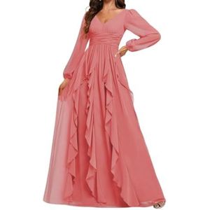 Prinses Bruidsmeisje Jurken Lange Mouw Prom Jurken V-hals Chiffon Formele Avond Party Maxi Jurk ZM208, Koraal, 32