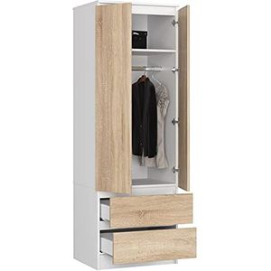 BDW Kledingkast met 2 deuren, 2-deurs kledingkast, 2 laden, opbergkast, moderne kast voor de slaapkamer, woonkamer, hal, kinderkamer, 180 x 60 x 51 cm, wit Californisch eiken