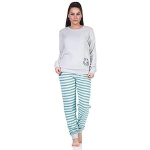 Badstof pyjama voor dames met boorden - broek gestreept, bovendeel met maan applicatie, grijs, 40/42