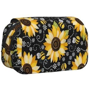 JEJEA Zonnebloem bij Print Pen Etui Potlood Case Houder voor Potloden Make-up Multifunctionele Organizer Box voor Adluts, Zwart, Eén maat, Toilettas