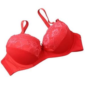GDNIA Dubbele push-up kanten beha voor dames, dik, zwaar gevoerd, 1 cupmaat beugel, lift-up diepe plunge dagelijkse beha, rood, 75B