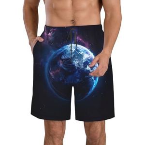 MGGAklp Universe Planet Print Casual Shorts voor heren, elastische taille, trekkoord, lichtgewicht, outdoor, zomer, strand shorts, Wit, S
