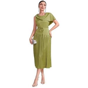jurken voor dames Limoengroene damesjurk met gedrapeerde kraag, geplooide zoom en riem (Color : Lime Green, Size : XL)