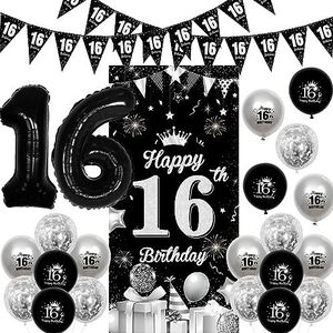 Verjaardagsdecoraties in zwart en zilver voor jongens en meisjes, gelukkige 16e verjaardag, deurbanner, driehoek, banner, ballonnen, nummer 16, folieballonnen voor Sweet Sixteen Birthday Party
