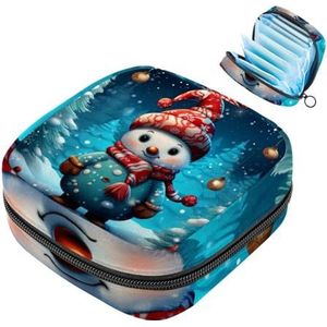 JAVENPROEQT 1 x maandverband, grote maandverband, organizer, herbruikbare eerste menstruatietas voor meisjes, dames, dames, 17 x 17 x 12 cm, schattige kerstsneeuwpop