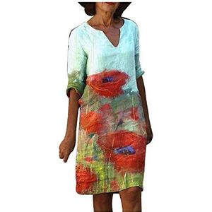 XWANG Zomerjurk voor dames, V-hals, vrijetijdsjurk, linnen jurk, blousejurk, dames, retro stijl, print, shirt, katoen en linnen, casual, plus size, losse tuniek, stoffen jurk, zomerjurk