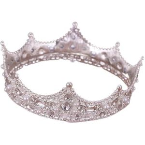 Strass Kroon Vintage goud koninklijke kroon ronde tiara bruid hoofd sieraden parel kristal haar accessoires bruiloft kroon ornamenten hoofdband diadeem Koningin Kroon (Style : Silver)