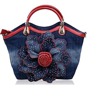Dames handtas met bloemenpatroon van stof met schoudertas van rood leer