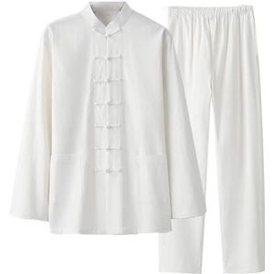 Chinees Tang-pak， Traditionele Chinese kleding Tang-pak Wing Chun Kung Fu-kleding Herenoverhemd met lange mouwen Jas Herentops en broeken(White,3XL)