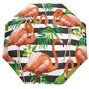Vogel Streep Zwart Flamingo Tropische Automatische Opvouwbare Paraplu UV-bescherming Auto Open Sluiten Opvouwbare Zonneblokkering Paraplu's voor Reizen Vrouwen Jongens Meisjes