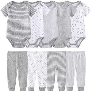 TONE Baby Bodysuits korte mouw Tops, 5-delige en legging broek, 4-delige set voor pasgeboren jongens en meisjes 0-3m/3-6m/6-9m/9-12m katoen - grijs - M
