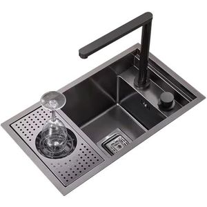 RVS Onzichtbare Spoelbak Met Glazenwasser Coffeeshop Restaurant Bar Verborgen Gootsteen RV Kleine Gootsteen Met Deksel, Liftkraan Bespaar Ruimte (Color : Black, S : 55 * 32 * 23cm)