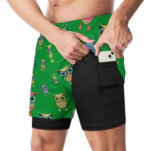 Kleurrijke Uilen op Groene Grappige Zwembroek met Compressie Liner & Pocket Voor Mannen Board Zwemmen Sport Shorts