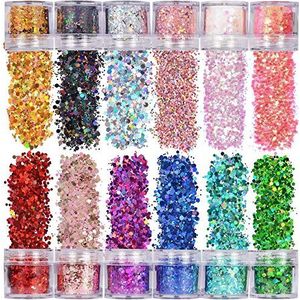 XUBX 12 Dozen Gezicht Glitter, Chunky Glitters Mix Color Glitterpoeder, Sequin Glitter Iriserende vlokken, Kleurrijke Gemengde pailletten Make-Up Lichaam Haar Nail Art Decoratie 10 ml