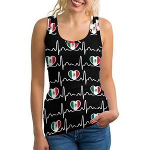 Mexico Flag Heartbeat tanktop voor dames, mouwloos T-shirt, pullover, vest, atletisch, basic shirts, zomer bedrukt