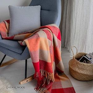Linen & Cotton Wollen Deken Woondeken Knuffeldeken Kleurrijke Geruite Bolivia - 100% Nieuw-Zeelandse Wol, Beige Rood Crème Orange (130 x 170 cm) Plaid Gooi Bankdeken Reisdeken Picknick Deken Scheerwol
