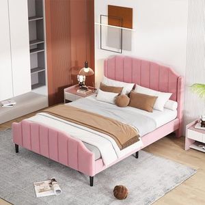 Aunvla Gestoffeerd bed, bedframe met hoofdeinde, voeteneinde en lattenbodem, roze, fluweel, gestoffeerd, tweepersoonsbed, jeugdbed, logeerbed, 140 x 200 cm