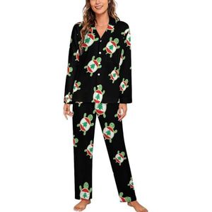 Libanon Vlag Schildpad Vrouwen Lange Mouw Button Down Nachtkleding Zachte Nachtkleding Lounge Pyjama Set M