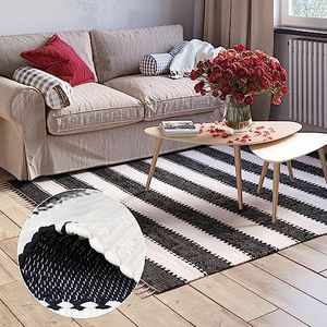 MY-RUG Chindi Tapijt Aarav 120 x 170 cm - zwart wit gestreept, handgeweven, gerecycled katoen als lappentapijt en omkeerbaar tapijt, modern Kelim tapijt