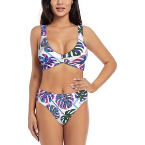 Zelinge Dames bikinisets sportief 2-delig badpak hoog getailleerd badpak S-XXL, Kleurrijke tropische bladeren, S