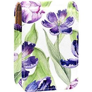 Draagbare Lipstick Case voor op reis, Mini Lipstick Opbergdoos met spiegel voor vrouwen dames, Lederen cosmetische etui aquarel paarse tulp bloemen patroon, Meerkleurig, 9.5x2x7 cm/3.7x0.8x2.7 in