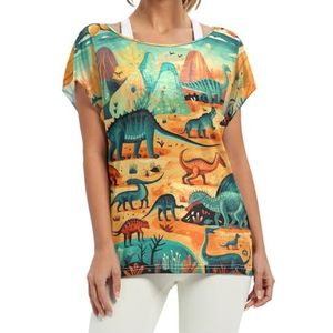 Oranje woestijn dinosaurus artwork dames korte vleermuismouwen shirt ronde hals T-shirts losse tops voor meisjes, Patroon, XL