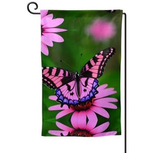 Roze bloem paarse vlinder tuin vlag dubbelzijdige boerderij tuin vlag lente zomer buiten decoratie 30x45 cm
