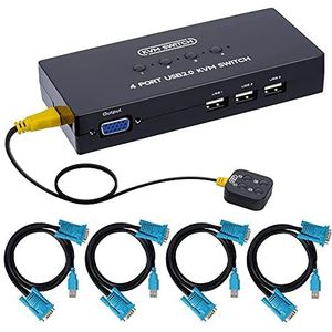 USB VGA KVM Switch, 4 Poorts schakelaar VGA voor 4 PC het delen 1 videomonitor en 3 USB-apparaten, Muis, Printer, Toetsenbord, Scanner