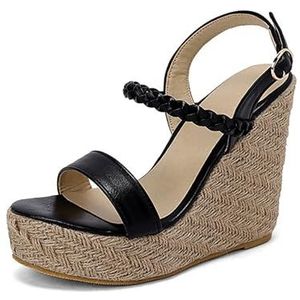 Wedge Sandalen Voor Vrouwen, 4.7 Inch Zomer Stro Wedge Hoge Hakken, Platform Gevlochten Open Teen Dames Dressy Sandalen(Black,48 EU)